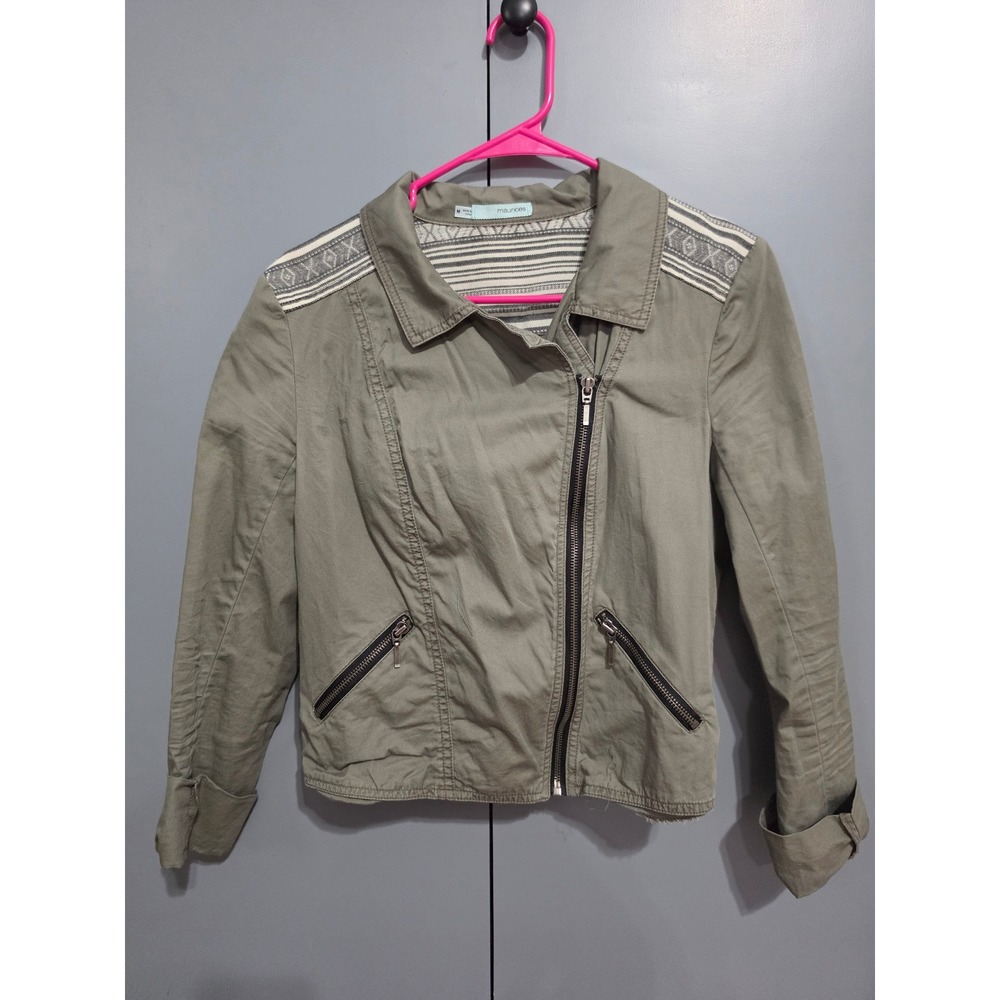Maurices Moto Jacket Womens Medium Green Tribal Pattern Accent Zip Up